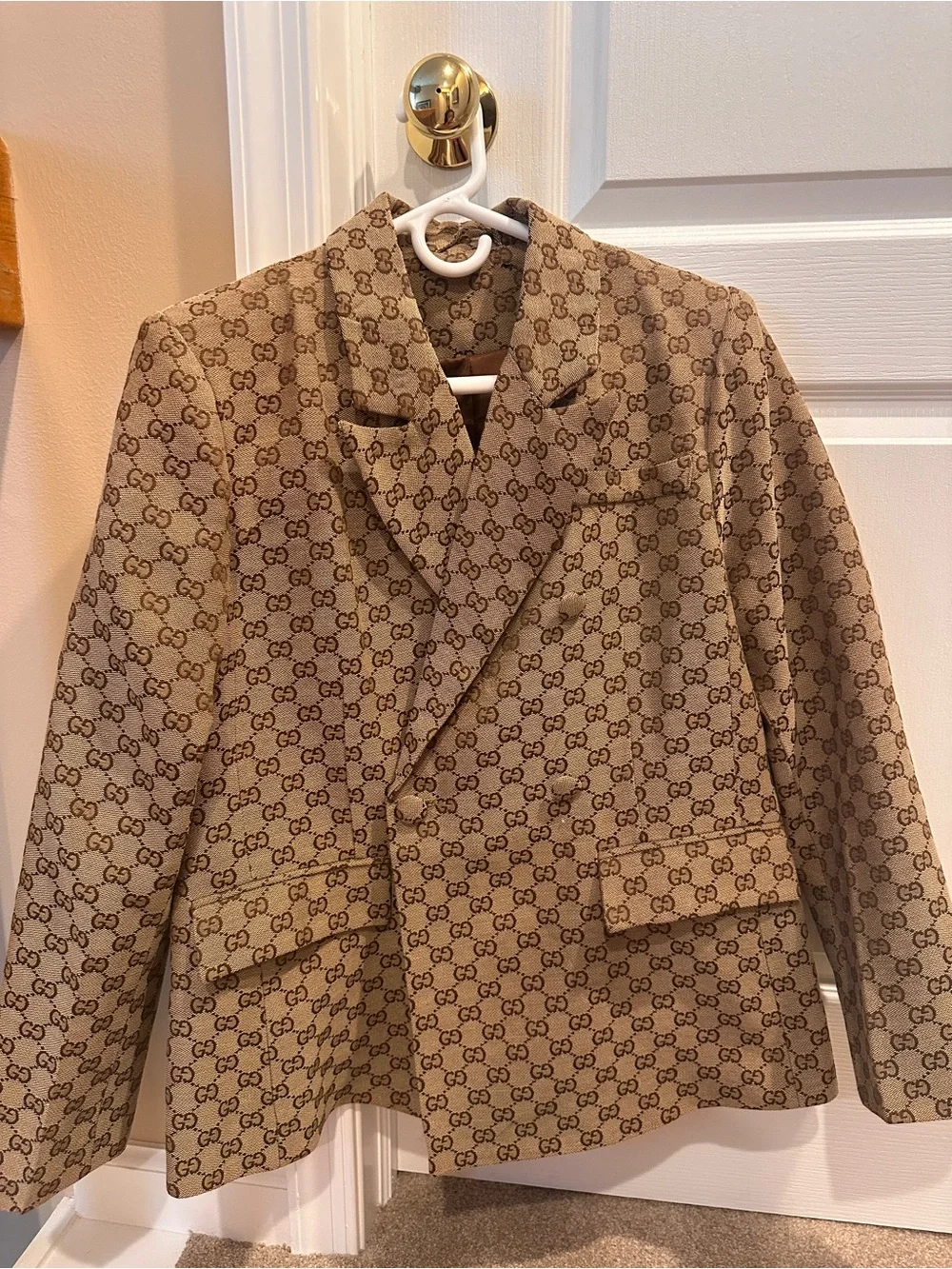 Beige  Monogram Print Double-Breasted Blazer